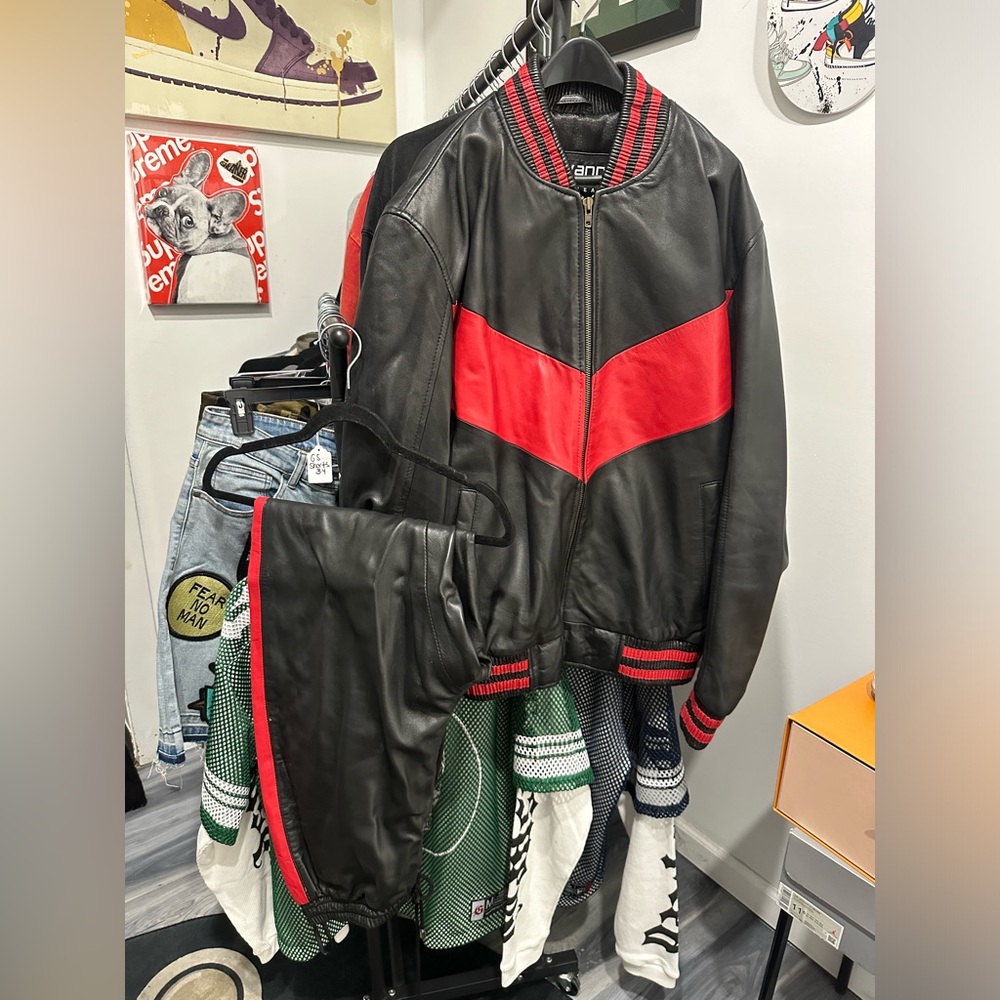 Men’s black and red genuine, leather jogger, pants and jacket